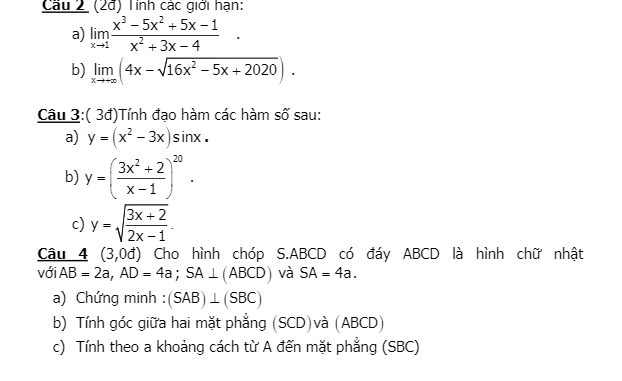 Đề thi HK2 Toán 11 năm học 2019 2020 trường THPT Gia Định TP HCM