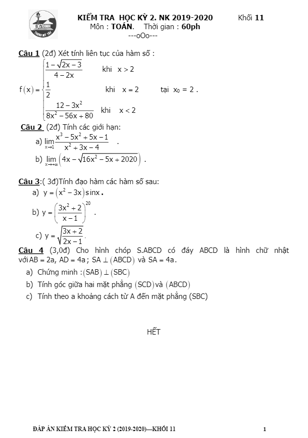 Đề thi HK2 Toán 11 năm học 2019 2020 trường THPT Gia Định TP HCM