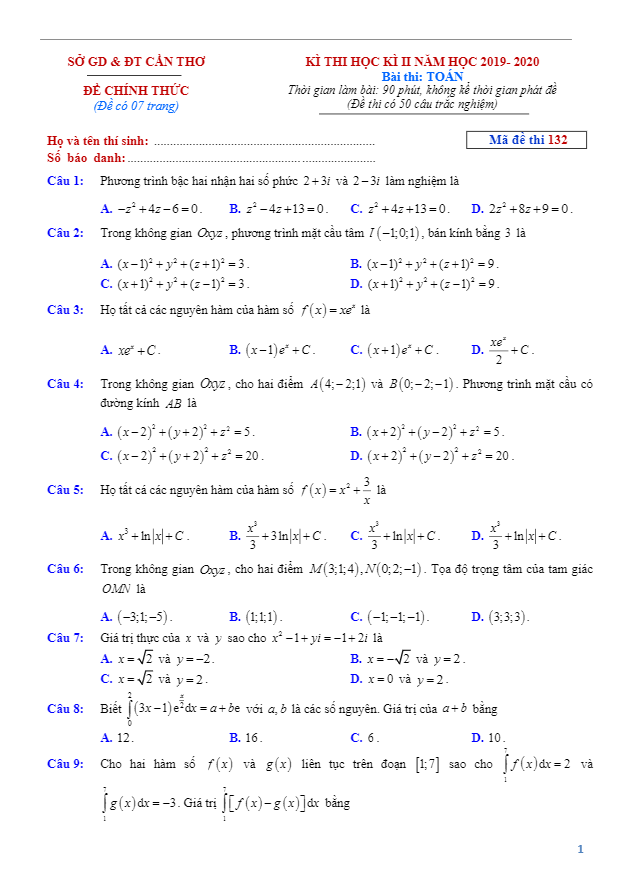 Đề thi HK2 Toán 12 GDTHPT năm học 2019 2020 sở GD&ĐT Cần Thơ