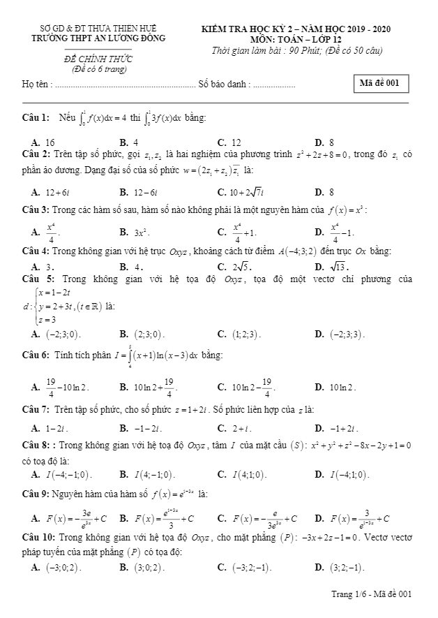 Đề thi HK2 Toán 12 năm 2019 2020 trường THPT An Lương Đông TT Huế
