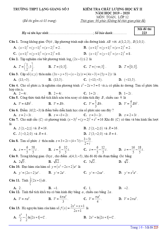 Đề thi HK2 Toán 12 năm 2019 2020 trường THPT Lạng Giang 3 Bắc Giang