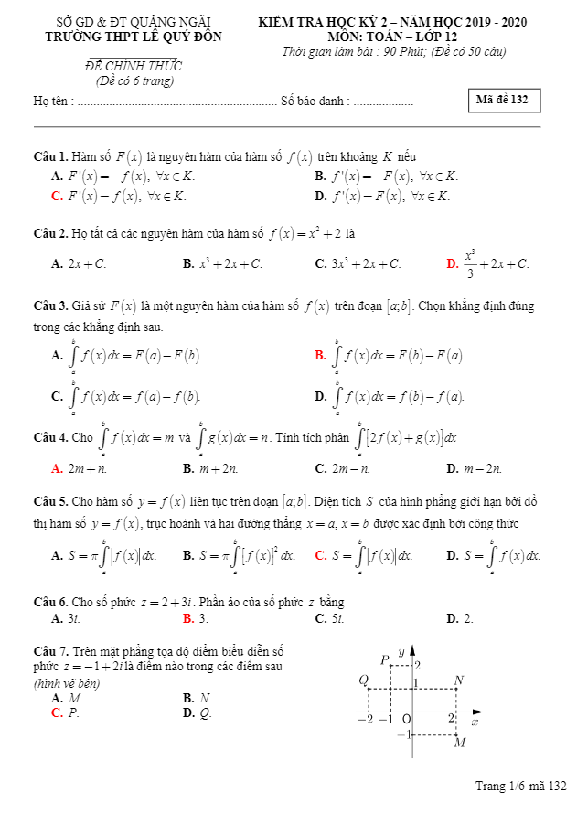 Đề thi HK2 Toán 12 năm 2019 2020 trường THPT Lê Quý Đôn Quảng Ngãi