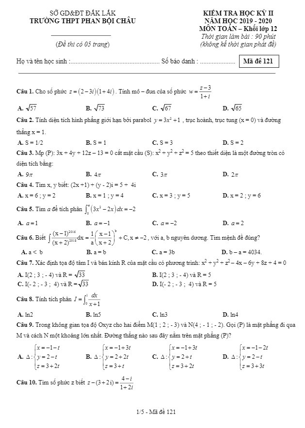 Đề thi HK2 Toán 12 năm 2019 2020 trường THPT Phan Bội Châu Đắk Lắk