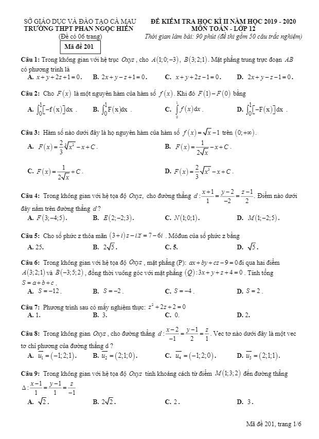 Đề thi HK2 Toán 12 năm 2019 2020 trường THPT Phan Ngọc Hiển Cà Mau