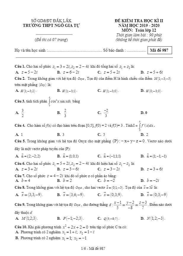 Đề thi HK2 Toán 12 năm học 2019 2020 trường THPT Ngô Gia Tự Đắk Lắk