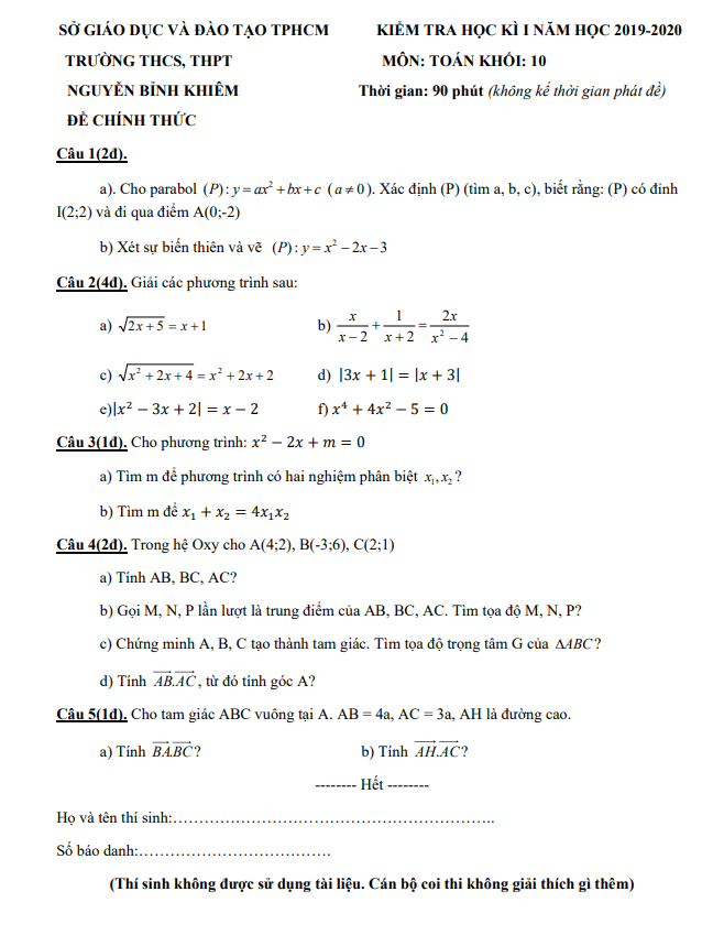 Đề thi HKI Toán 10 năm 2019 2020 trường Nguyễn Bỉnh Khiêm TP HCM
