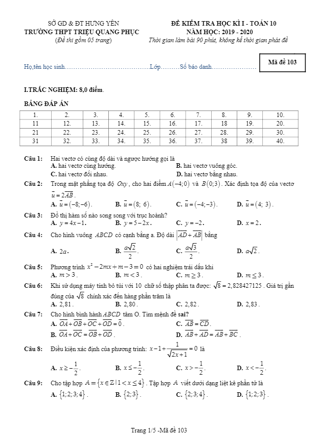 Đề thi HKI Toán 10 năm 2019 2020 trường Triệu Quang Phục Hưng Yên