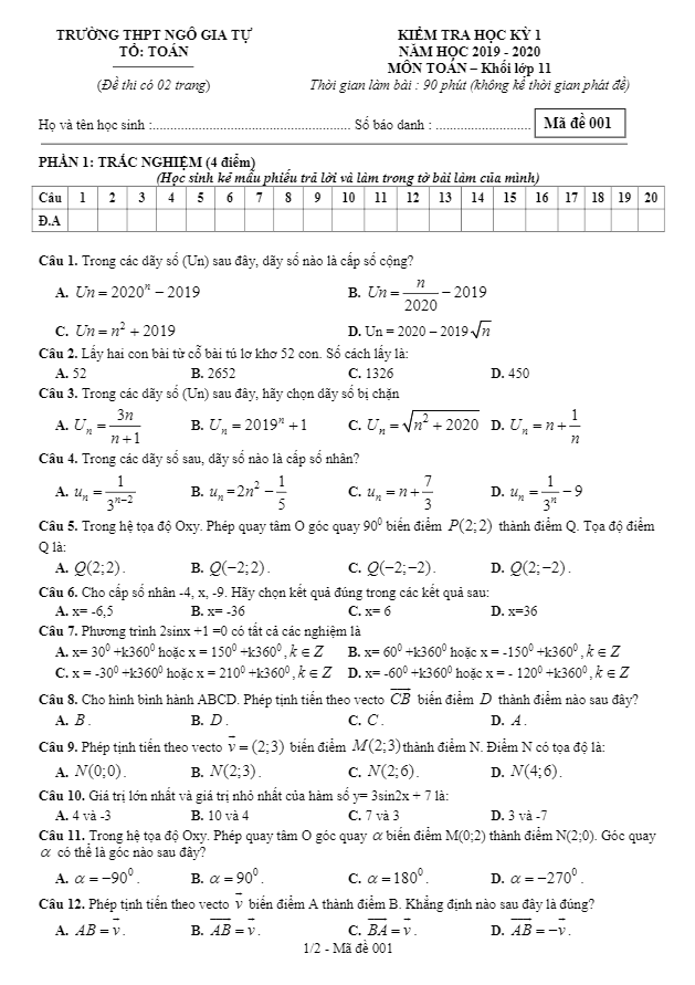 Đề thi HKI Toán 11 năm 2019 2020 trường THPT Ngô Gia Tự Đắk Lắk