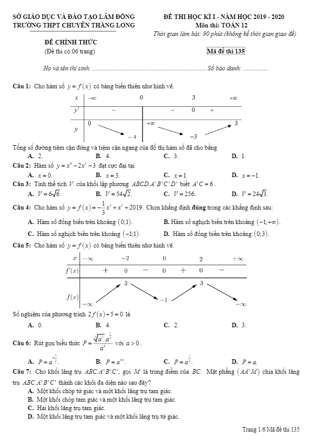 Đề thi HKI Toán 12 năm 2019 2020 trường chuyên Thăng Long Lâm Đồng