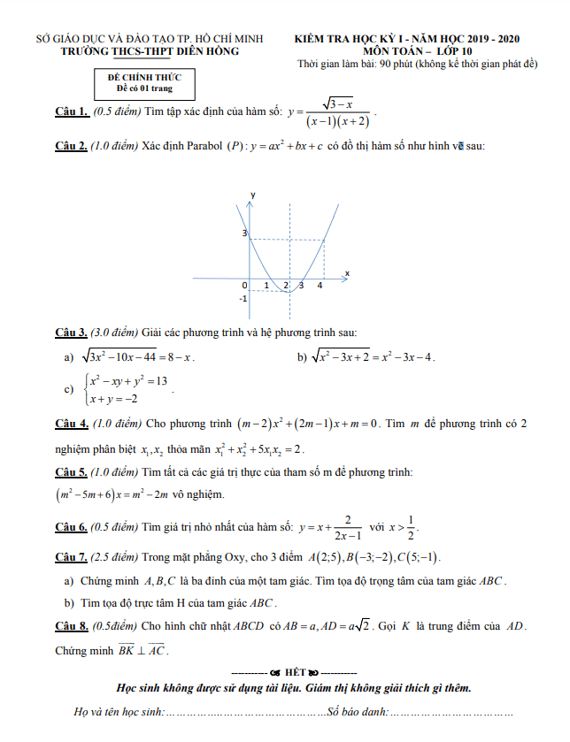 Đề thi học kì 1 Toán 10 năm 2019 2020 trường Diên Hồng TP HCM