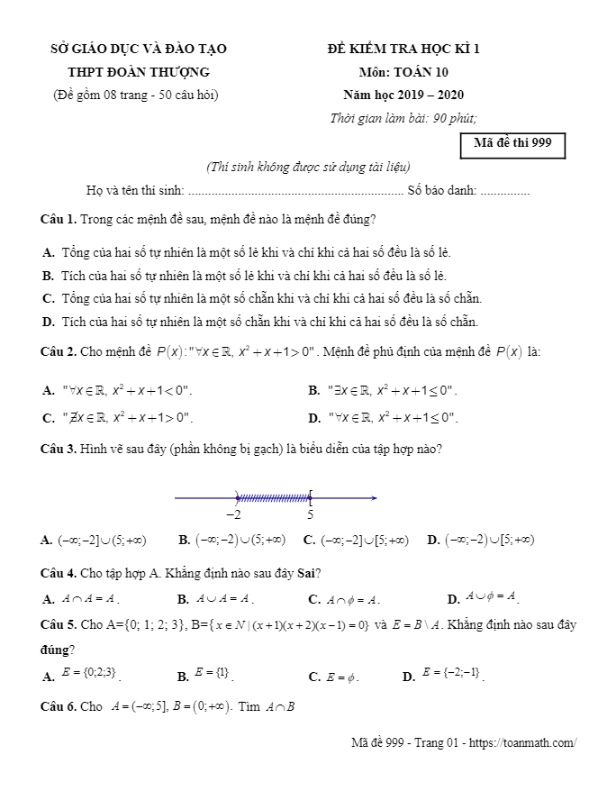 Đề thi học kì 1 Toán 10 năm 2019 2020 trường Đoàn Thượng Hải Dương