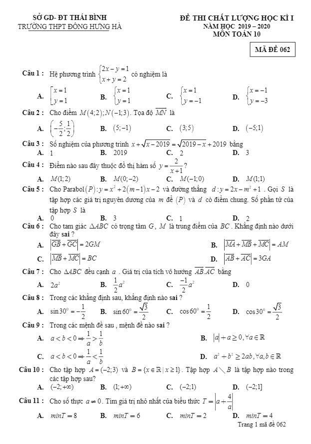 Đề thi học kì 1 Toán 10 năm 2019 2020 trường Đông Hưng Hà Thái Bình