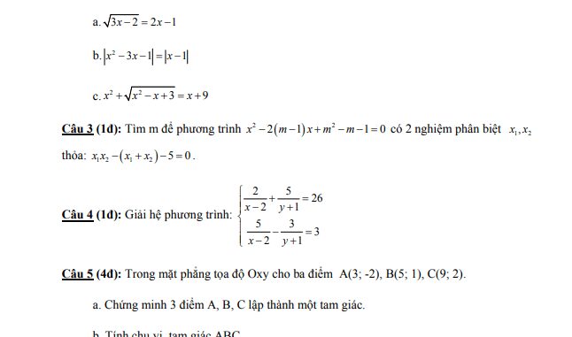 Đề thi học kì 1 Toán 10 năm 2019 2020 trường Dương Văn Thì TP HCM