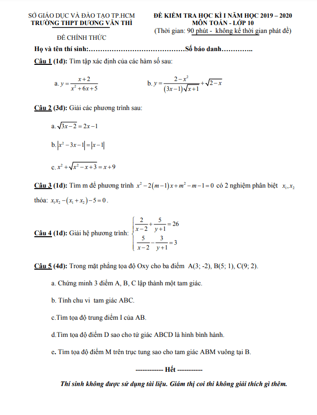 Đề thi học kì 1 Toán 10 năm 2019 2020 trường Dương Văn Thì TP HCM