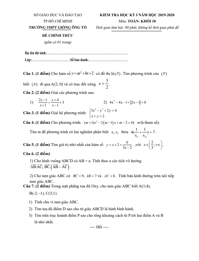Đề thi học kì 1 Toán 10 năm 2019 2020 trường Giồng Ông Tố TP HCM