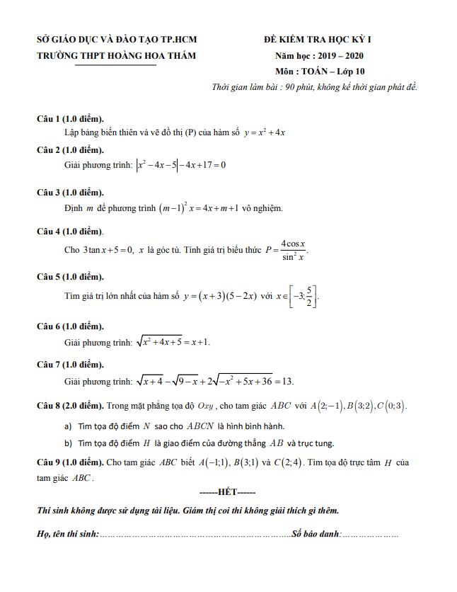 Đề thi học kì 1 Toán 10 năm 2019 2020 trường Hoàng Hoa Thám TP HCM