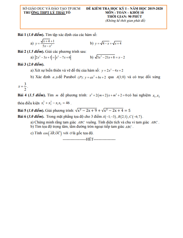 Đề thi học kì 1 Toán 10 năm 2019 2020 trường Lý Thái Tổ TP HCM