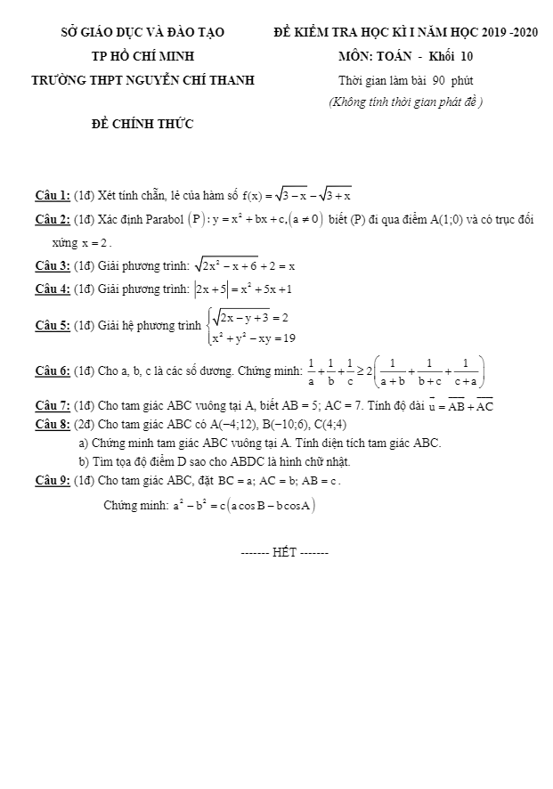 Đề thi học kì 1 Toán 10 năm 2019 2020 trường Nguyễn Chí Thanh TP HCM