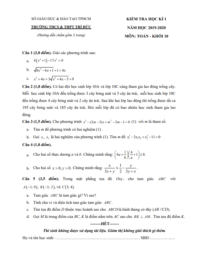 Đề thi học kì 1 Toán 10 năm 2019 2020 trường THCS&THPT Trí Đức TP HCM