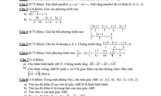 Đề thi học kì 1 Toán 10 năm 2019 2020 trường THPT An Nghĩa TP HCM