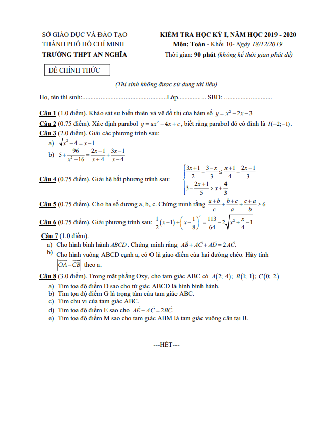 Đề thi học kì 1 Toán 10 năm 2019 2020 trường THPT An Nghĩa TP HCM