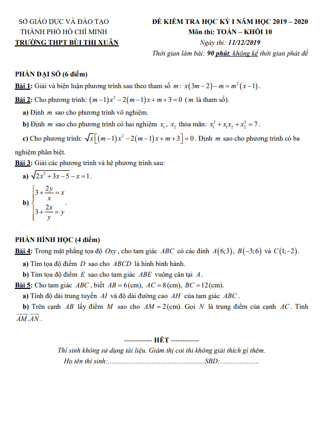 Đề thi học kì 1 Toán 10 năm 2019 2020 trường THPT Bùi Thị Xuân TP HCM