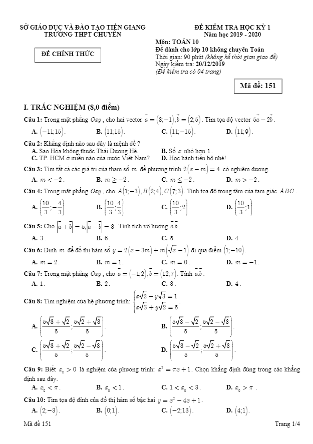 Đề thi học kì 1 Toán 10 năm 2019 2020 trường THPT chuyên Tiền Giang
