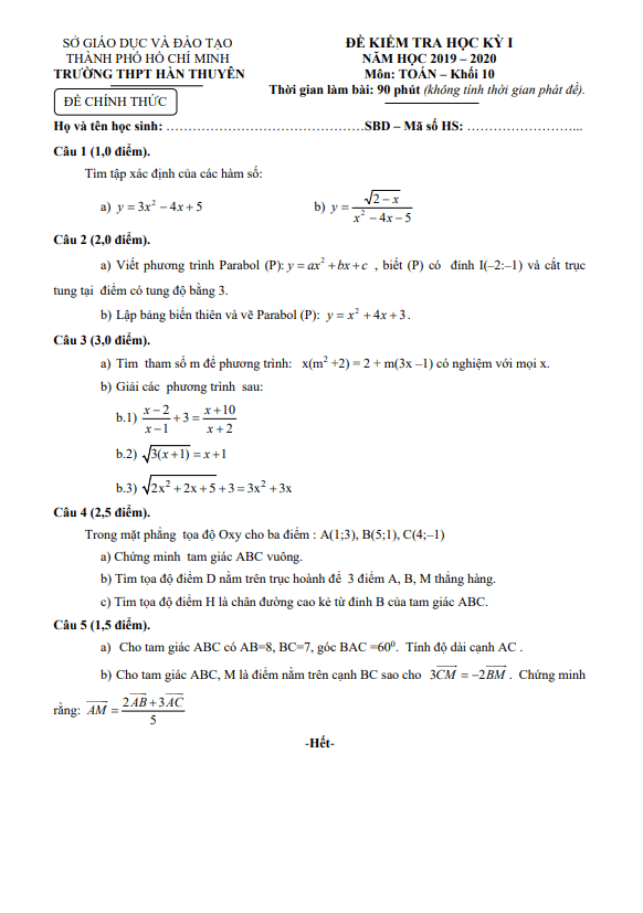 Đề thi học kì 1 Toán 10 năm 2019 2020 trường THPT Hàn Thuyên TP HCM