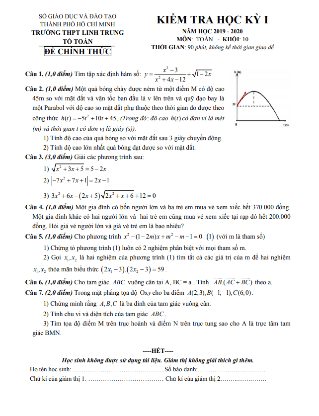 Đề thi học kì 1 Toán 10 năm 2019 2020 trường THPT Linh Trung TP HCM