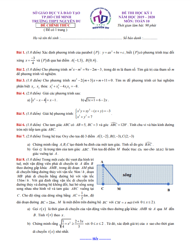 Đề thi học kì 1 Toán 10 năm 2019 2020 trường THPT Nguyễn Du TP HCM