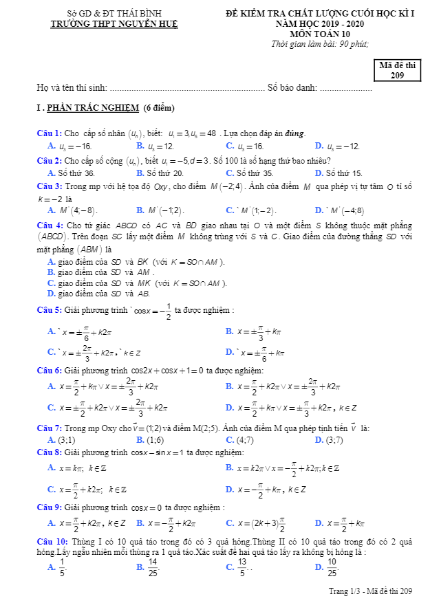 Đề thi học kì 1 Toán 10 năm 2019 2020 trường THPT Nguyễn Huệ Thái Bình