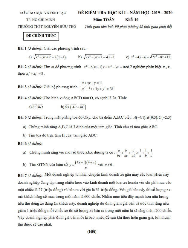 Đề thi học kì 1 Toán 10 năm 2019 2020 trường THPT Nguyễn Hữu Thọ TP HCM