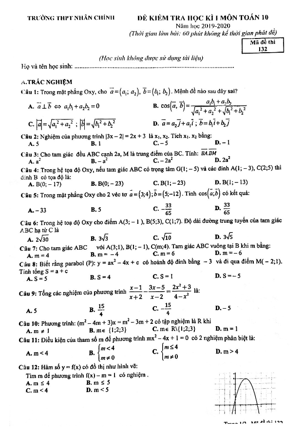 Đề thi học kì 1 Toán 10 năm 2019 2020 trường THPT Nhân Chính Hà Nội