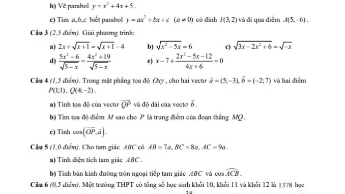 Đề thi học kì 1 Toán 10 năm 2019 2020 trường THPT Phú Hòa TP HCM