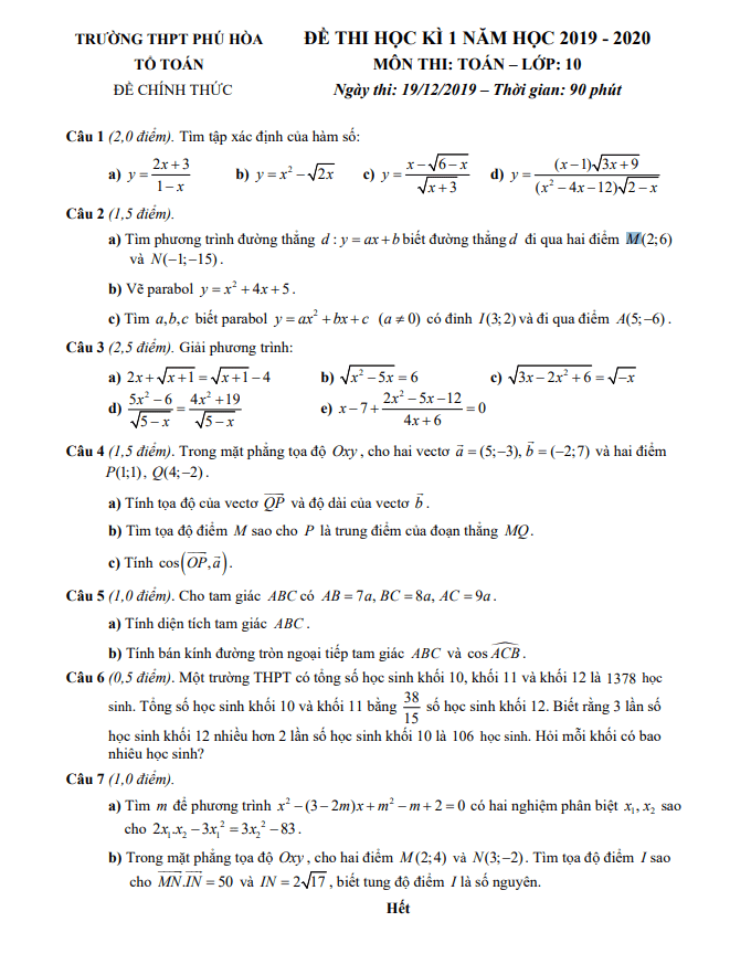Đề thi học kì 1 Toán 10 năm 2019 2020 trường THPT Phú Hòa TP HCM
