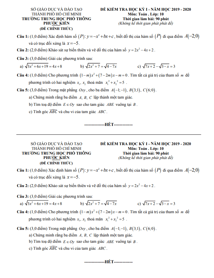 Đề thi học kì 1 Toán 10 năm 2019 2020 trường THPT Phước Kiển TP HCM