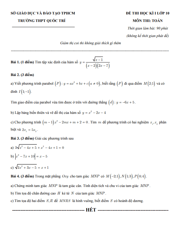 Đề thi học kì 1 Toán 10 năm 2019 2020 trường THPT Quốc Trí TP HCM