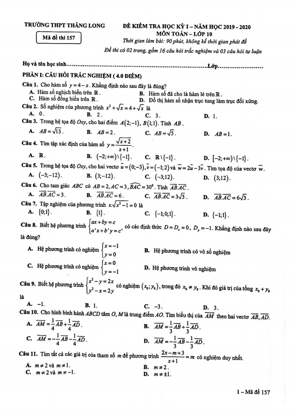 Đề thi học kì 1 Toán 10 năm 2019 2020 trường THPT Thăng Long Hà Nội