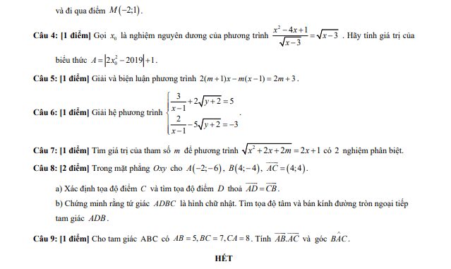 Đề thi học kì 1 Toán 10 năm 2019 2020 trường THPT Trần Khai Nguyên TP HCM