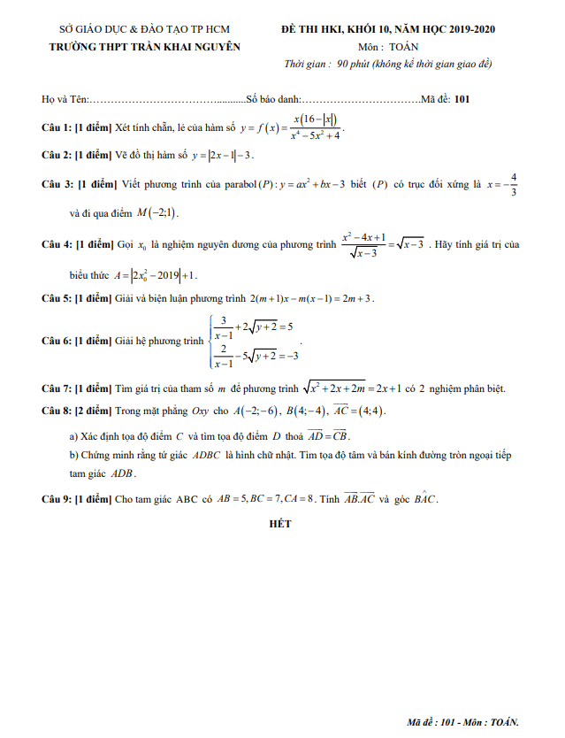 Đề thi học kì 1 Toán 10 năm 2019 2020 trường THPT Trần Khai Nguyên TP HCM