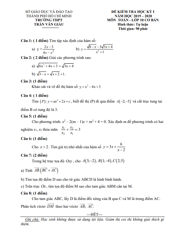 Đề thi học kì 1 Toán 10 năm 2019 2020 trường THPT Trần Văn Giàu TP HCM