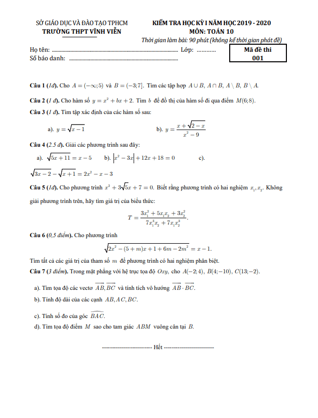 Đề thi học kì 1 Toán 10 năm 2019 2020 trường THPT Vĩnh Viễn TP HCM