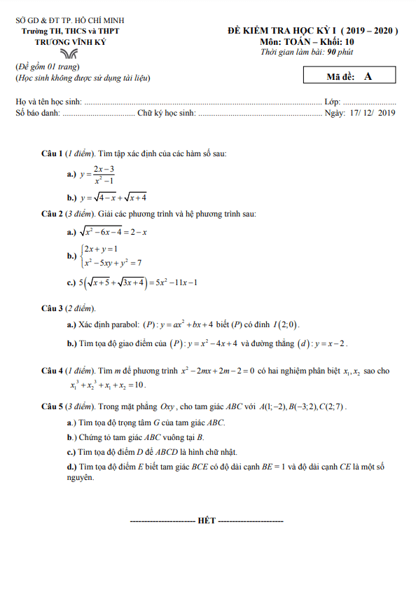Đề thi học kì 1 Toán 10 năm 2019 2020 trường Trương Vĩnh Ký TP HCM