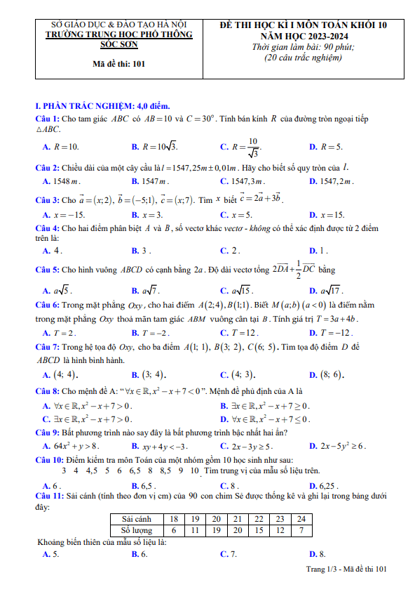 Đề thi học kì 1 Toán 10 năm 2023 2024 trường THPT Sóc Sơn Hà Nội