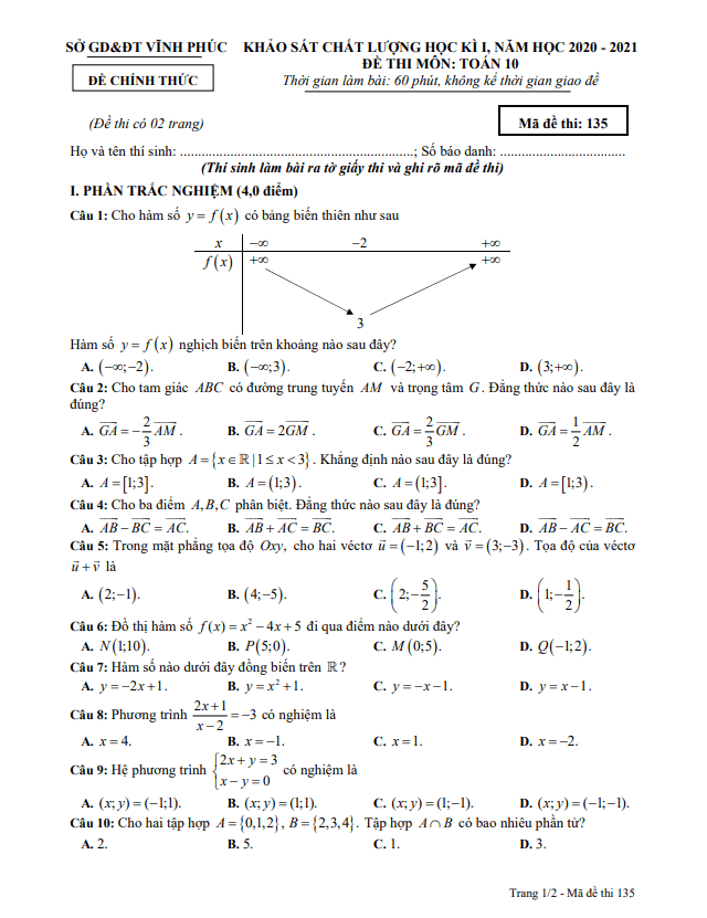 Đề thi học kì 1 Toán 10 năm học 2020 2021 sở GD&ĐT Vĩnh Phúc