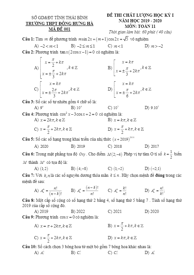 Đề thi học kì 1 Toán 11 năm 2019 2020 trường Đông Hưng Hà Thái Bình