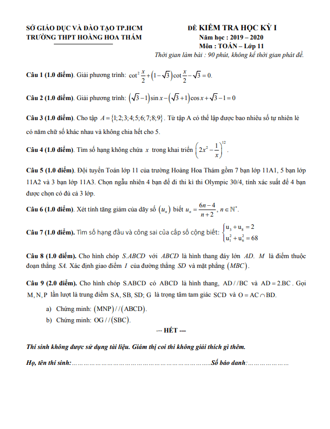Đề thi học kì 1 Toán 11 năm 2019 2020 trường Hoàng Hoa Thám TP HCM