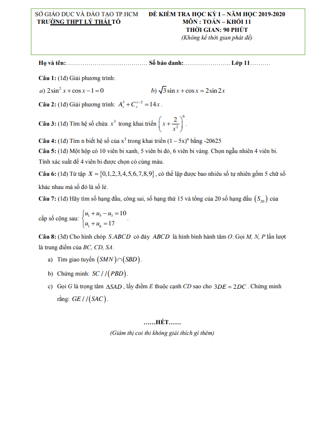 Đề thi học kì 1 Toán 11 năm 2019 2020 trường Lý Thái Tổ TP HCM