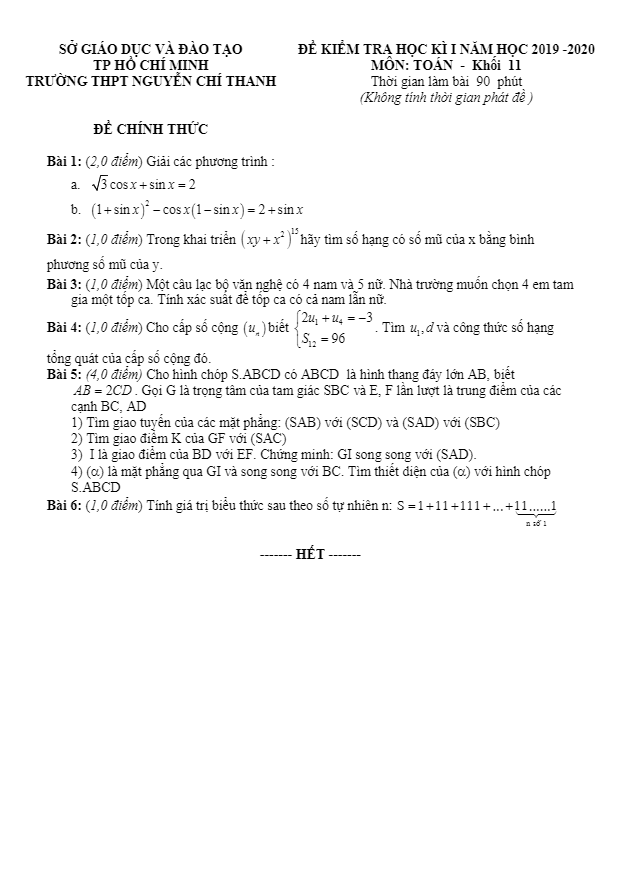 Đề thi học kì 1 Toán 11 năm 2019 2020 trường Nguyễn Chí Thanh TP HCM
