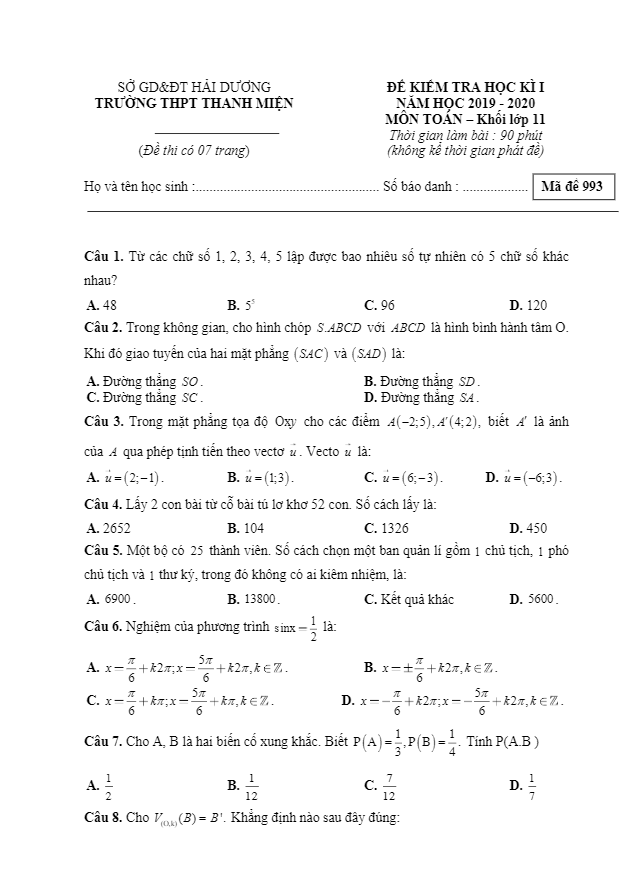 Đề thi học kì 1 Toán 11 năm 2019 2020 trường Thanh Miện Hải Dương